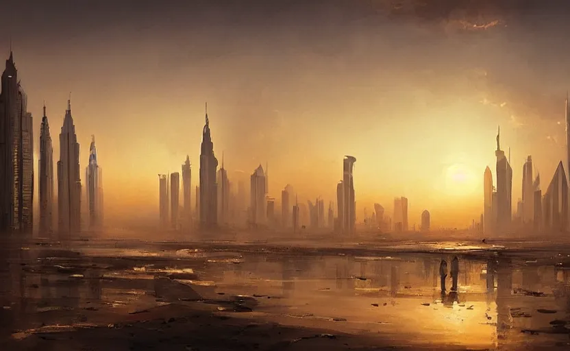 Prompt: painting of skyline of dubai at sunset, natural light, concept art, by greg rutkowski, cozy atmospheric and cinematic lighting