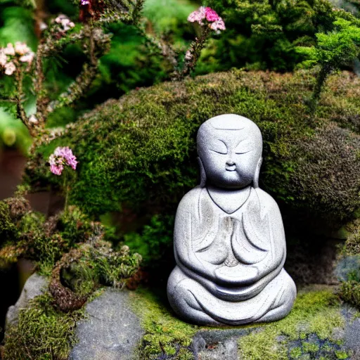 Image similar to photo of small jizo statue in a garden, high detail, cinematic, cute, beautiful lighting, 1 flower,