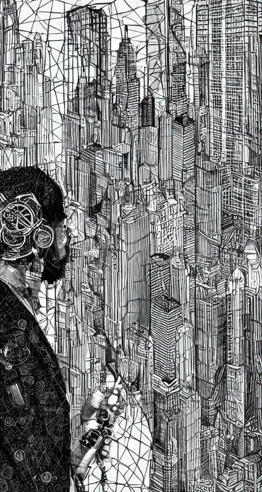 Image similar to cypherpunk fashion illustration, camera face, city street background with high tall buildings, central park, abstract portrait highly detailed, finely detailed, shadows realism