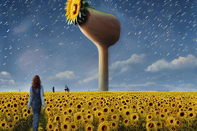 Image similar to giant sunflower as a head, girl walking in wheat field, hills, surreal photography, dark night, star trails, dramatic light, impressionist painting, clouds, digital painting, artstation, simon stalenhag