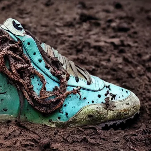 Image similar to a pair of extremely dirty rotten decomposed nike sneakers with worms and beetles on them, disgusting, dirt, mud, moss, trashed, shit