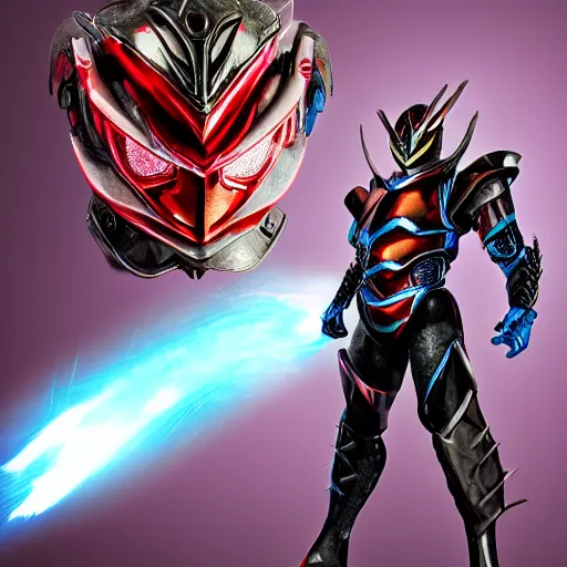 Prompt: High Fantasy Kamen Rider, blue armor with red secondary color, 4k, glowing eyes, daytime, rubber suit, dragon inspired armor, Guyver Unit 1 Armor