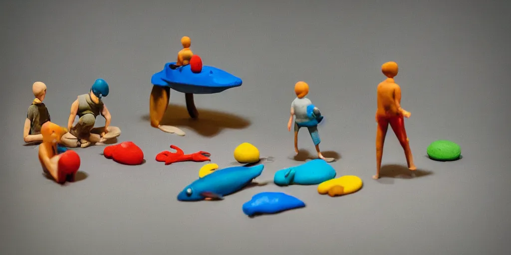 Prompt: plasticine model of stop motion figures clay [ [ surreal ] ]. strange. tilt shift. tank. bubbles. weird. fish tank in waiting room. photorealistic.