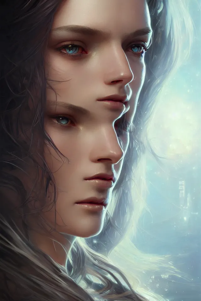 Prompt: futuristic close-up woman portrait, sci-fi, amber eyes, face, long hair, fantasy, intricate, elegant, highly detailed, digital painting, artstation, concept art, smooth, 90 mm, sharp focus, illustration, art by artgerm and greg rutkowski and alphonse mucha