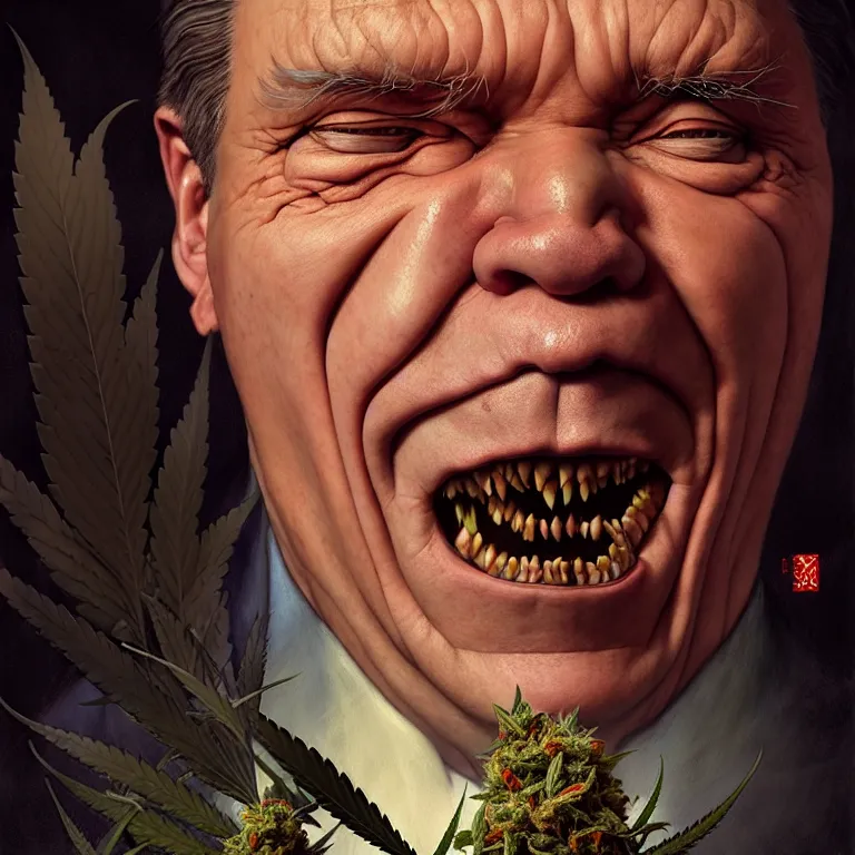 Image similar to a portrait of a devil mad cannabis premier francois legault in 2 0 2 1 illustrated by miyazaki by karol bak, james jean, tom bagshaw, rococo, sharp focus, trending on artstation, cinematic lighting, hyper realism, octane render, 8 k, hyper detailed, vivid, ultra detailed, highly detailed