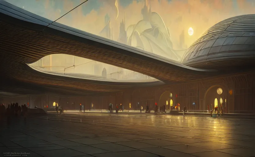 Image similar to exterior shot of utopian train station with cinematic lighting by zaha hadid and renzo piano, darek zabrocki and greg ruthkowski, alphonse mucha, simon stalenhag, cinematic, holy place, paradise, scifi, futurism, atmospheric, sunset, concept art, artstation, trending on artstation