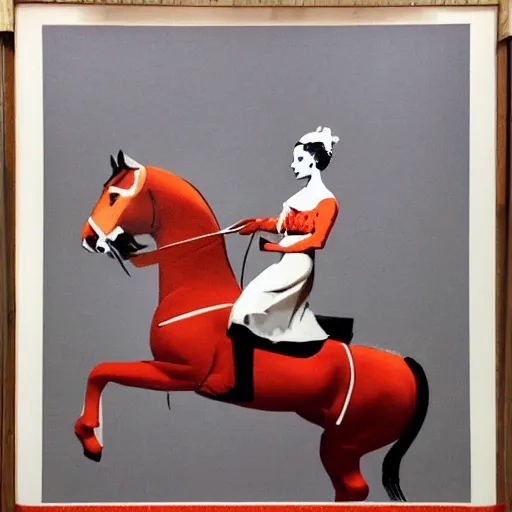 Image similar to tangerine calm by laszlo moholy - nagy, by banksy. a photograph of a heroine riding on a magnificent red horse. traditional russian folk costume & headscarf. pale & beautiful, resolve in her eyes. horse's hooves churn up earth as they gallop, dark forest looms.