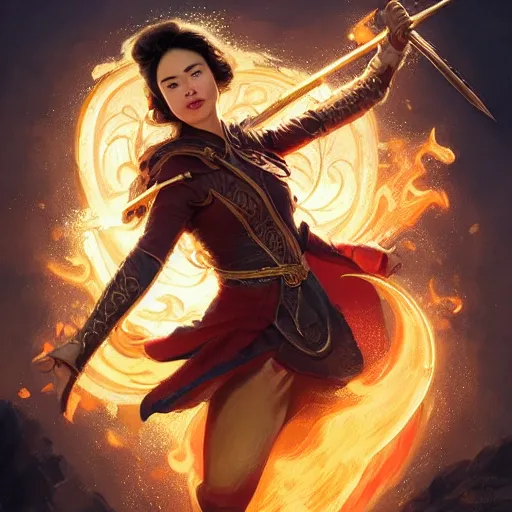 Image similar to Jessica Henwick clothed in pure golden light energy and holding a flaming sword, D&D, highly detailed, digital painting, artstation, concept art, sharp focus, illustration, art by artgerm and greg rutkowski and alphonse mucha