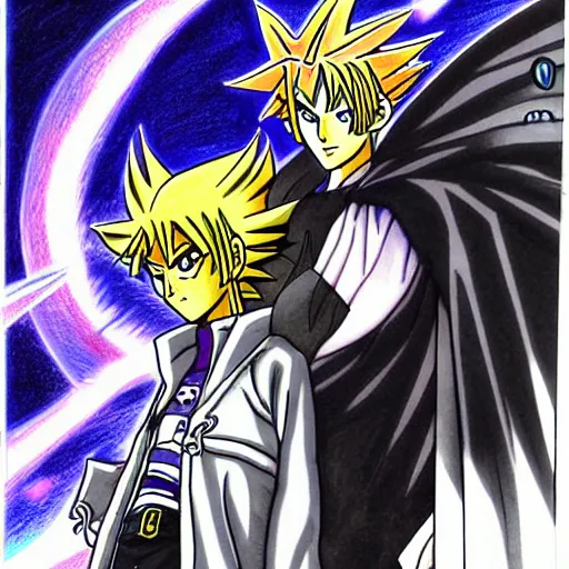 Image similar to portrait anime, manga drawing of yugi muto versus sauron by kazuki takahashi