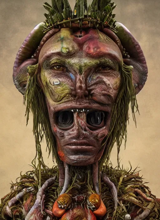 Prompt: a surreal!! alien painting of a shaman's face, 3 d render, by giuseppe arcimboldo, symbolist, soft colors, dramatic lighting, smooth, sharp focus, extremely detailed, aesthetically pleasing composition, octane render