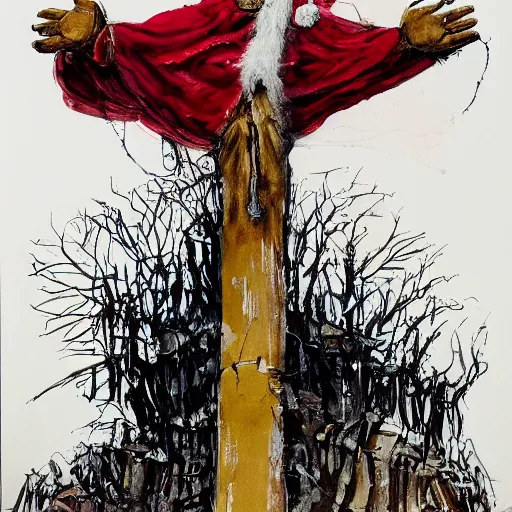 Prompt: a detailed portrait painting of santa on the cross by gerald scarfe and ralph steadman