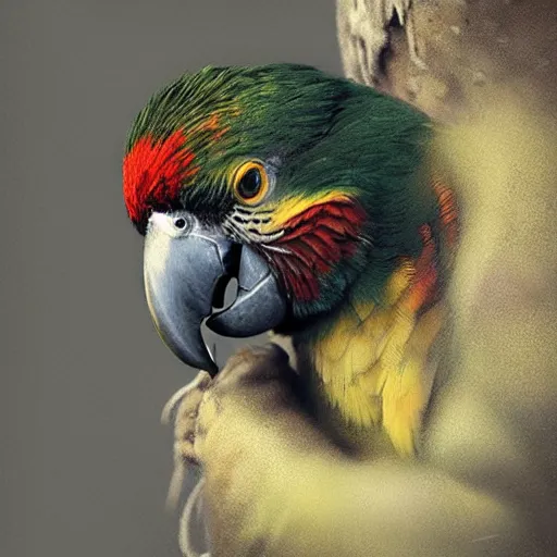 Image similar to photo realistic image of a baby parrot, stunning 3 d render inspired art by istvan sandorfi and greg rutkowski, perfect facial symmetry, realistic, highly detailed attributes and atmosphere, dim volumetric cinematic lighting,