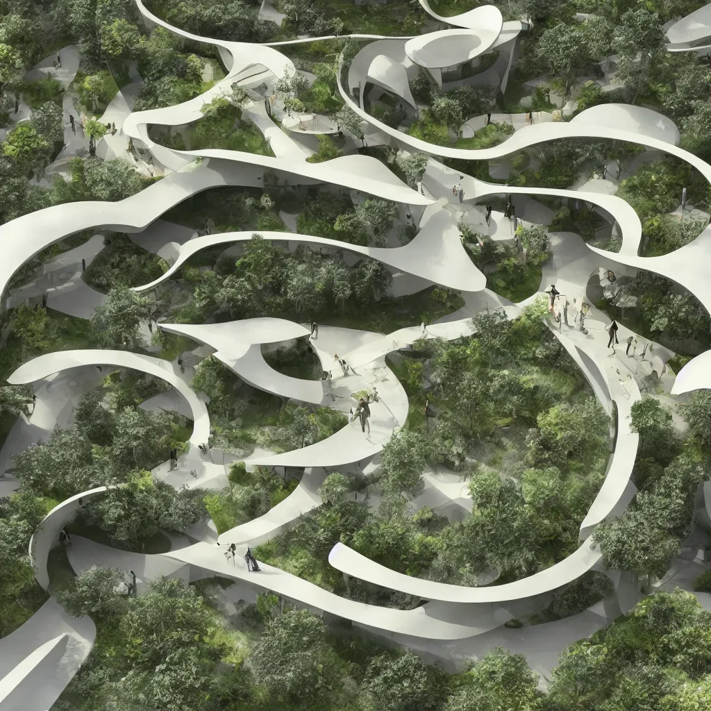 Prompt: “ an incredibly smooth curvilinear architectural sculpture, unfolding continuous golden surfaces enclose a visually interesting garden designed by zaha hadid, architecture render, axonometric ”