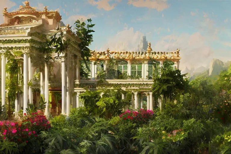 Prompt: weed greenhouse, rococo style, greek architecture, green marble building, marijuana trees, multicolored weed leaves, dynamic lighting, landscape, artwork by jeremy lipkin and giuseppe dangelico pino and michael garmash and rob rey and greg manchess and huang guangjian and makoto shinkai, pixiv, 1 0 0 mm