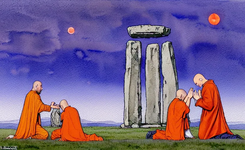 Image similar to a hyperrealist watercolour character concept art portrait of one small grey medieval monk and another giant orange medieval monk kneeling down in prayer in front of a complete stonehenge monument on a misty night. a ufo is in the sky. by rebecca guay, michael kaluta, charles vess and jean moebius giraud