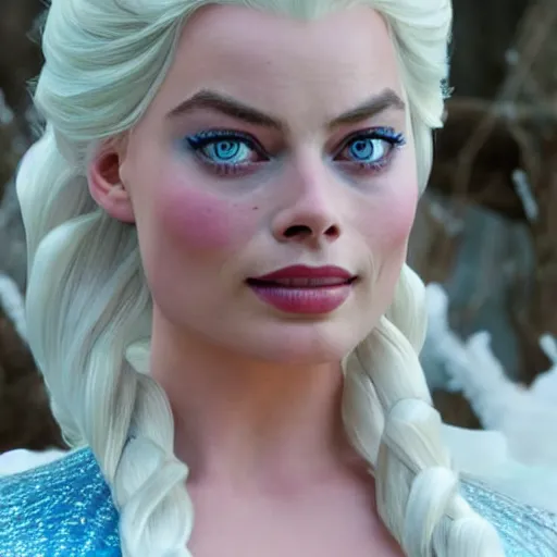 Image similar to Margot Robbie as Elsa in disney frozen live action, 8k full HD photo, cinematic lighting, anatomically correct, oscar award winning, action filled, correct eye placement,