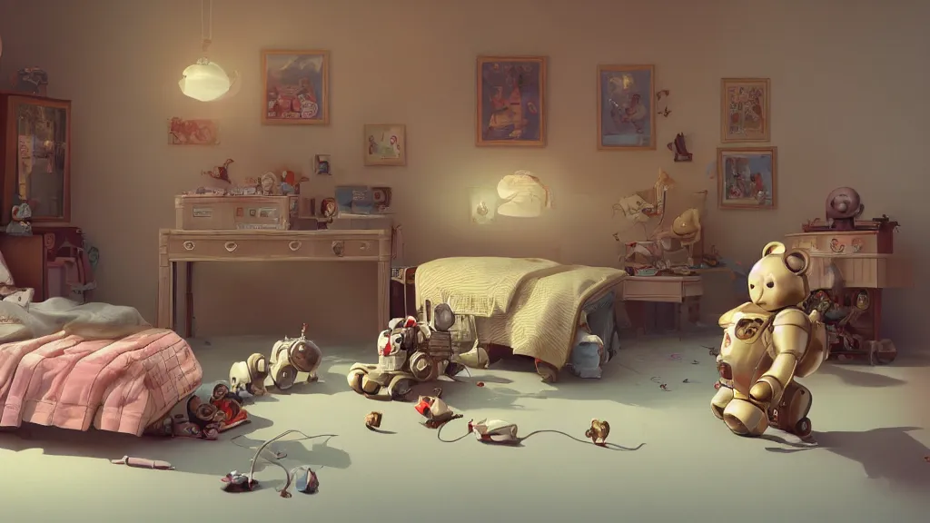 Image similar to a Photorealistic hyperrealistic Low angle view render of a vintage wind up toy robot on the floor of an interior of a beautifully decorated spoiled child's beautiful bedroom with a giant teddy bear sitting on the bed by PIXAR,Greg Rutkowski,WLOP,Artgerm,dramatic moody sunset lighting,long shadows,Volumetric, cinematic atmosphere, Octane Render,Artstation,8k