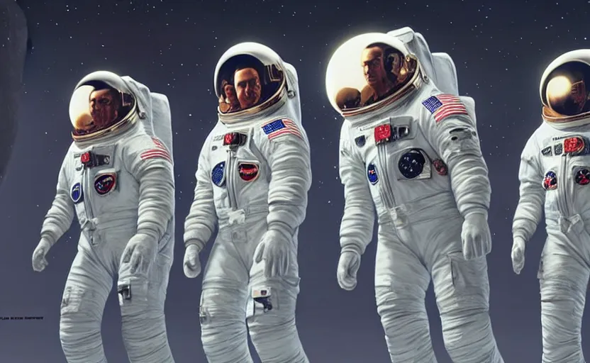 Image similar to astronauts designed by alexander mcqueen, catwalk, soft ambient lighting, photorealism, unreal engine, art by michael whelan and chris moore and howard david johnson and tim white and dan giancola