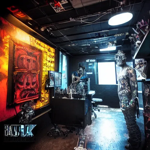 Prompt: cyberpunk hellraiser room of a tattoo artist in the futur dark