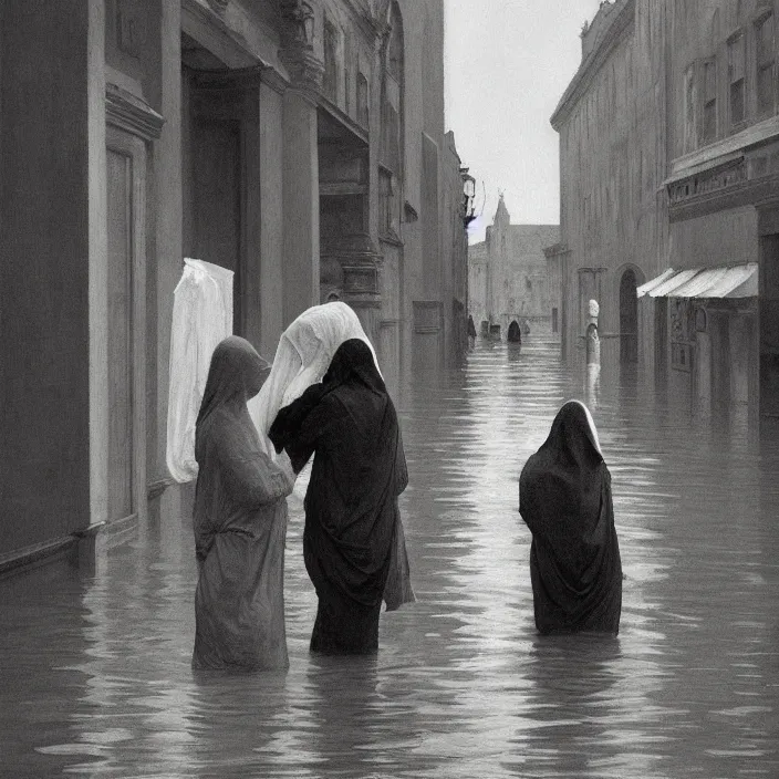 Prompt: two women hugging with a paper bag over the head, dressed in plastic bags, on flooded street of magnificent cathedral, highly detailed, artstation, art by , edward hopper, zdislav beksinski, wayne barlowe