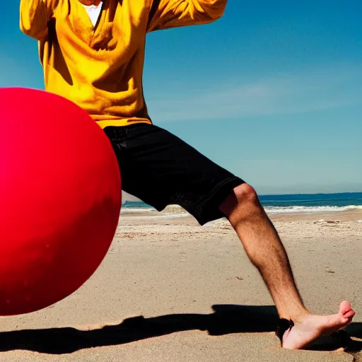 Prompt: Picture of Jesse Pinkman at the beach playing beach ball. Photography. 50mm. Beach