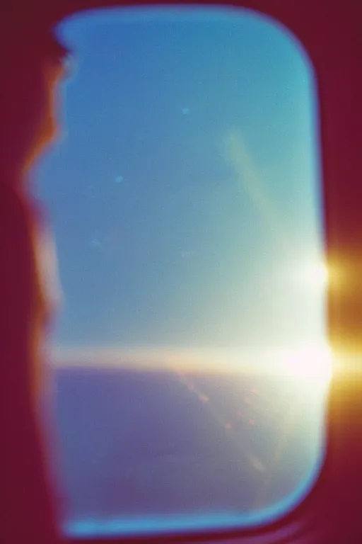 Image similar to agfa vista 4 0 0 photograph of a guy in a spaceship looking out a window into space, back view, synth vibe, vaporwave colors, lens flare, moody lighting, moody vibe, telephoto, 9 0 s vibe, blurry background, grain, tranquil, calm, faded!,