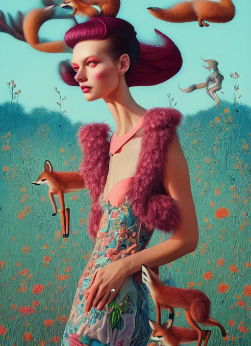 Image similar to pretty model with foxes : : by martine johanna and simon stalenhag and chie yoshii and casey weldon and wlop : : ornate, dynamic, particulate, rich colors, intricate, elegant, highly detailed, vogue, harper's bazaar art, fashion magazine, smooth, sharp focus, 8 k, octane render,