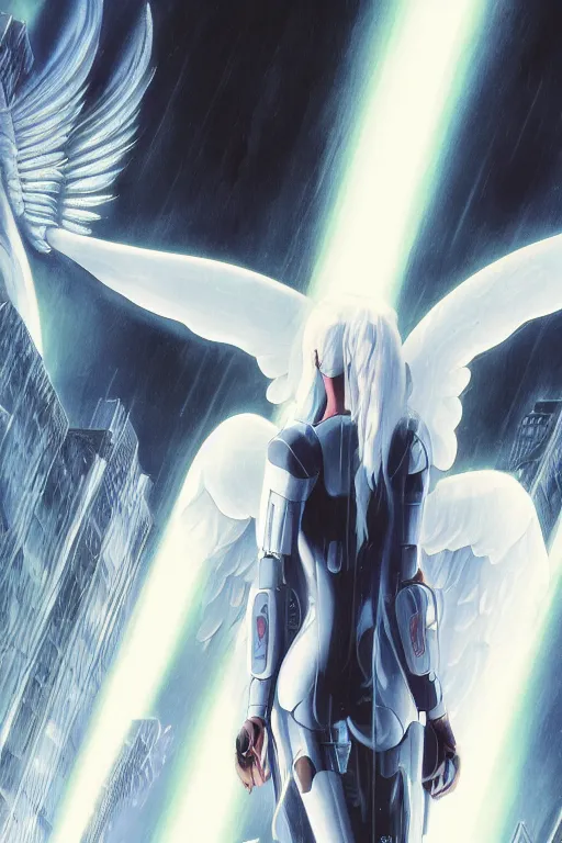 Image similar to white arc-angel with mystic robotic wings, blade runner, akira, ghost in the shell, 2077, ultra detailed, digital art, 8k ,character ,realistic, portrait, hyperrealistic