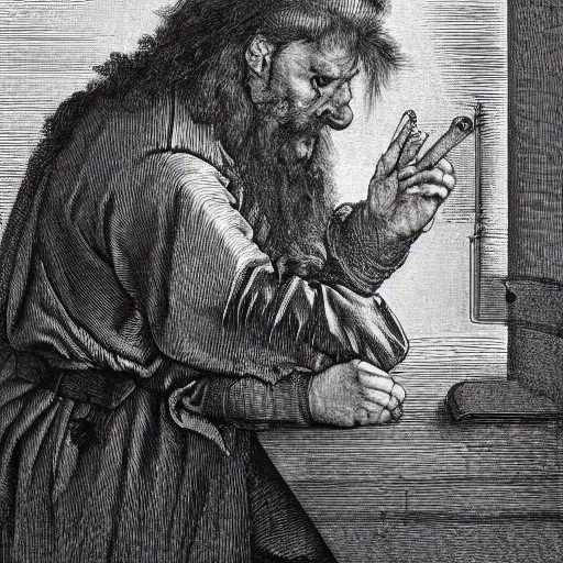 Image similar to angry scottish man at computer, detailed, ray tracing, 4 k, by albrecht durer