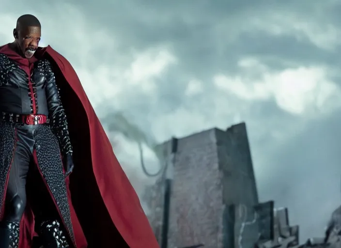 Image similar to film still of jamie foxx as spawn in the new spawn movie, giant chains, large cape, 8 k