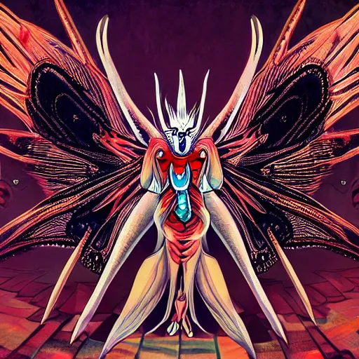 Prompt: 4K headshot of mothman with defined arms and open hands and bloody clothes with giant mandala wings , intricate face , flawless anime cel animation by Kentaro Miura, psychedelic , highly detailed upper body , professionally post-processed , beautiful, scary, symmetry accurate features, epic, octane rendered, anime masterpiece, accurate