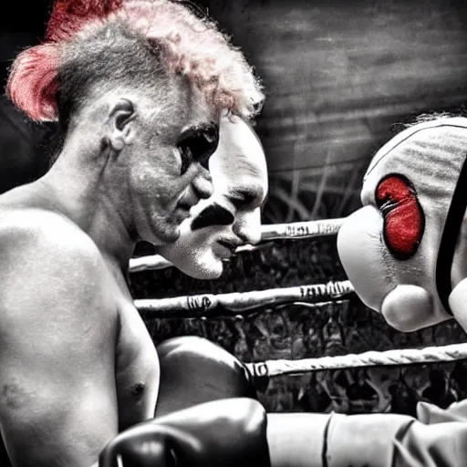 Image similar to clowns boxing in the ring, clown makeup, clown makeup, circus clowns, clowns, a clown throwing a punch, hbo showtime, sports photography, high speed photo, hdr