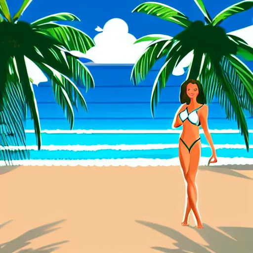 Image similar to a beautiful illustration of a woman in a swimsuit on the beach with palm trees by hed kandi, adobe illustrator