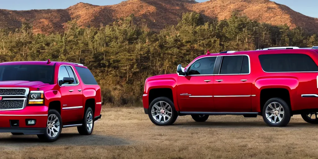 Prompt: A red SUV designed from a 2014 Chevrolet Suburban and 2013 GMC Sierra