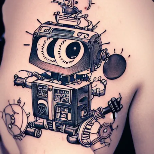 Image similar to Anime manga robot!! cat tattoo, cyborg cat, exposed wires and gears, fully robotic!! cat, manga!! in the style of Junji Ito and Naoko Takeuchi, cute chibi cat, tattoo on upper arm, arm tattoo