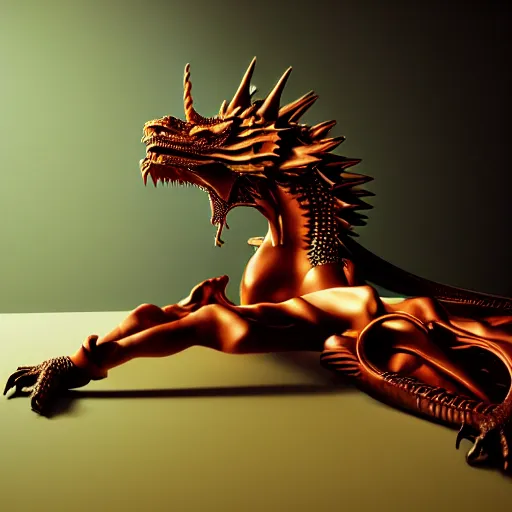 Image similar to hyperrealism aesthetic in araki nobuyoshi and caravaggio style computer simulation of parallel universe dramatic scene with detailed dragon wearing retrofuturistic sci - fi neural interface designed by josan gonzalez. hyperrealism photo on pentax 6 7, by giorgio de chirico volumetric natural light rendered in blender