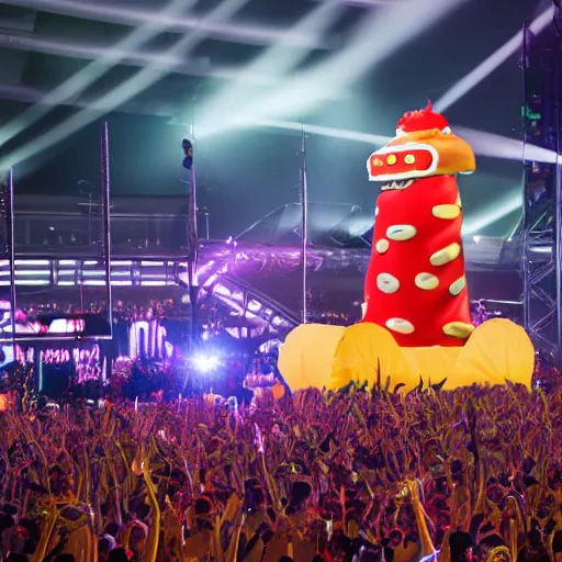 Image similar to Professional photograph of Flume wearing a hotdog costume on stage at EDC