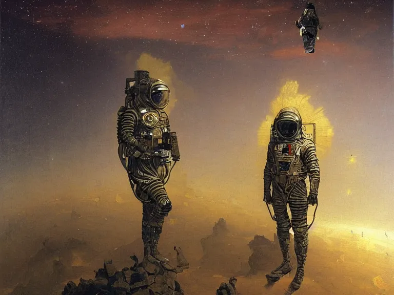 Image similar to a detailed profile oil painting of a soldier in a spacesuit with reflective helmet, advanced technology flight suit, portrait symmetrical and science fiction theme with aurora lighting clouds and stars by beksinski carl spitzweg and tuomas korpi. baroque elements, full-length view. baroque element. intricate artwork by caravaggio. Trending on artstation. 8k