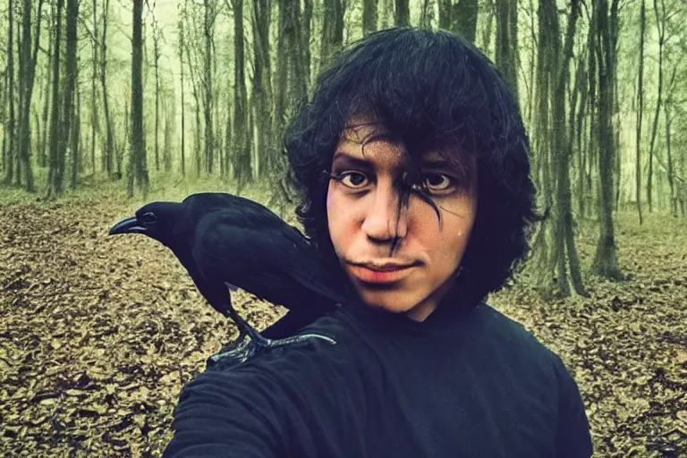 Image similar to !!!!!! human mixed with a crow, photograph captured in a dark forest