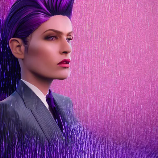 Image similar to stylish woman cartoon portrait made out of rain, pinstripe suit, short purple hair, galactic background, rendered in octane, unreal engine, highly detailed, trending on artstation, realistic, neon, beautiful