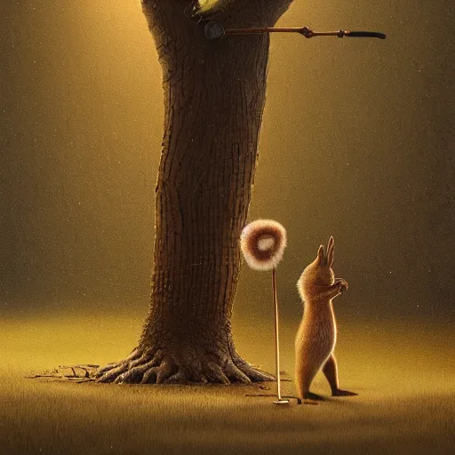 Image similar to an old squirrel walking with a walking cane, painted by Mike Winkelmann