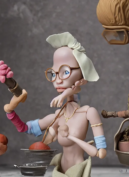 Image similar to product photography of a claymation action figure doutzen kroes doing the dishes, depth of field, zeiss lens, detailed, centered, by nicoletta ceccoli, mark ryden, erwin olaf, earl nore, frank frazetta, breathtaking, 8 k resolution, extremely detailed, beautiful, establishing shot, hyperrealistic