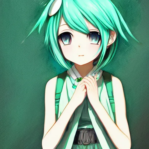 Image similar to hatsune miku short hair, anime style, hyper detailed, light green dress, illustration, digital painting, high delicate defined details, anime stylized, highly detailed, realistic, sharp focus