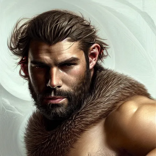 Image similar to portrait of a young rugged male barbarian, handsome, upper body, hairy torso!!!, D&D, muscular, fantasy, intricate, elegant, highly detailed, digital painting, artstation, concept art, smooth, sharp focus, illustration, art by artgerm and greg rutkowski and alphonse mucha