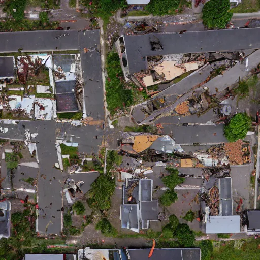 Prompt: top down aerial view of dilapidated kindergarden and suburb real life, desolate with zombies, dilapidated, zombies in the streets, nightmarish, some rusted style parked vehicles, sunny weather, few clouds, volumetric lighting, photorealistic, daytime, autumn, sharp focus, ultra detailed, cgsociety