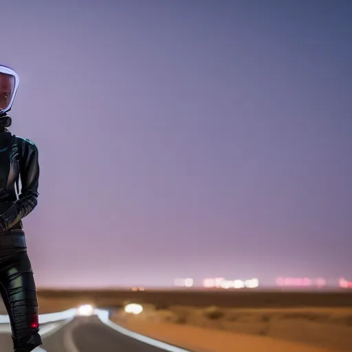 Prompt: photograph of a techwear woman, closeup, on a desert road with a futuristic city in the horizon, one point perspective, long exposure, sigma 85mm f/1.4, 4k, depth of field, high resolution, 4k, 8k, hd, full color