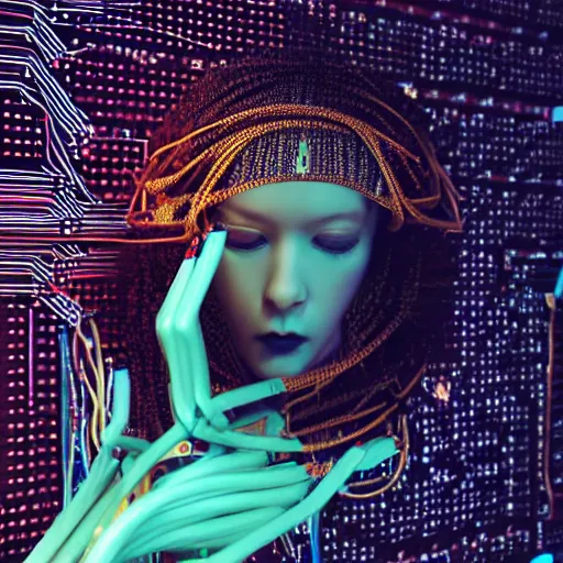 Image similar to subtle background, piles of modular synth cables, goddess reaching out hand wearing a headpiece made of circuit boards in a photo shoot for balenziaga, wlop, stanley kubrick, masamune, hideki anno, unique perspective, eastman color, perfect details, trending on artstation, 3 d render, smooth render