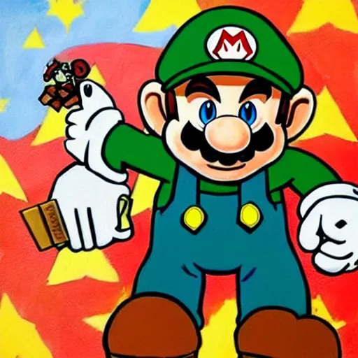 Image similar to A detailed, dramatic painting of super mario shooting a goomba with a machine gun