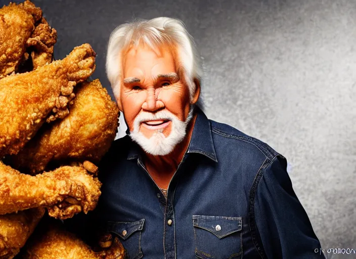 Image similar to photo still of kenny rogers in a fried chicken pit!!!!!!!! at age 4 6 years old 4 6 years of age!!!!!!!! hiding from parents, 8 k, 8 5 mm f 1. 8, studio lighting, rim light, right side key light