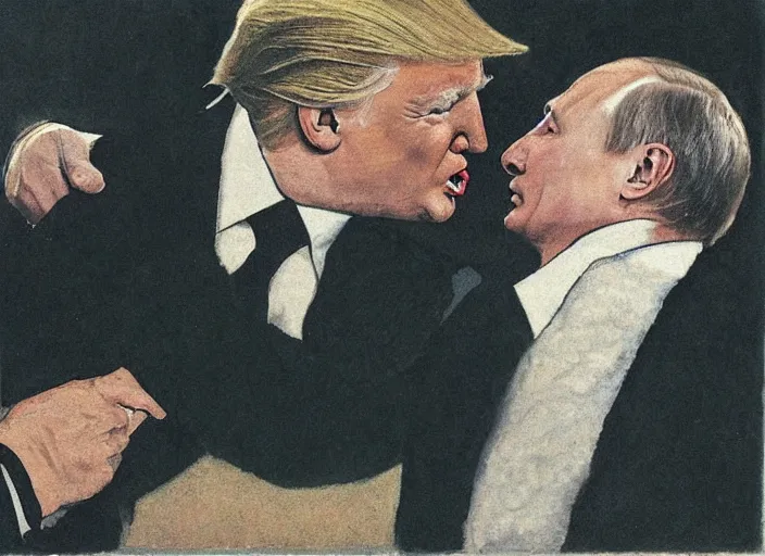 Prompt: vladimir putin passionately kisses donald trump, political art, the kiss, by dmitri vrubel